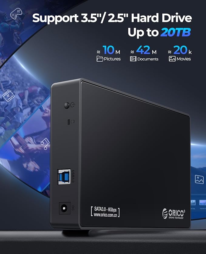 ORICO Caja de disco duro externo USB 3.0 para discos duros SATA de 3,5/2,5 pulgadas / SSD de hasta 20 TB, caja de disco duro sin herramientas de 3,5 pulgadas con fuente de alimentación de 12V/2A y aceleración UASP (3588US3)